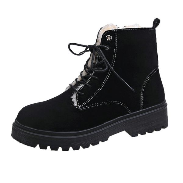

plus size 35-53 nice new ankle snow boots women winter fashion lace up shoes woman flat heels young lady plain soild fur boot, Black