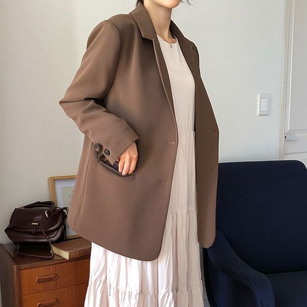 

[ewq] 2020 summer new minimalist long sleeve notched neck light brown ladies office coat loose casual suits outwear women jacket, White;black