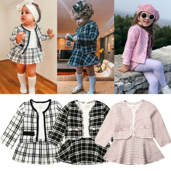 

2019 детские весна осень одежда дети baby girl pageant plaid coat пачка платье партии костюмы модная одежда 2pcs наборы 6m-5t, White