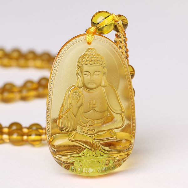 

5*3cm unique natural yellow crystal carved buddha happy amulet pendant necklace women men jewelry healing crystal, Silver