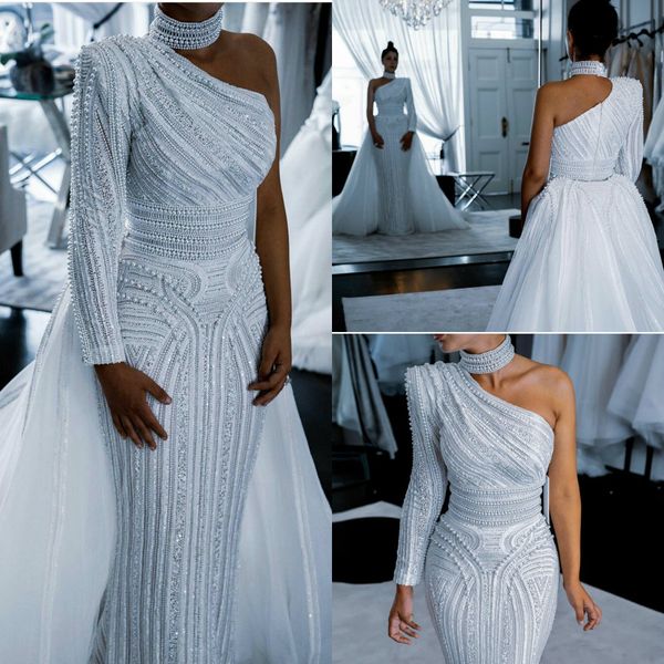 

new african mermaid wedding dresses lace beading long sleeve country wedding dress sweep train custom made plus size robes de mariÃ©e, White