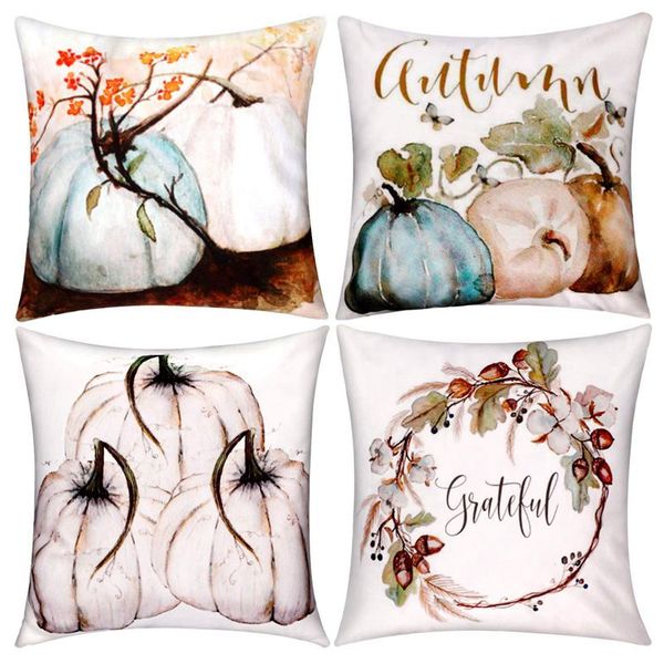 

4 pieces autumn pumpkin pillow cover sofa back throw cushion cover for thanksgiving day fall harvest home decoration, 18 by 18 pillow case