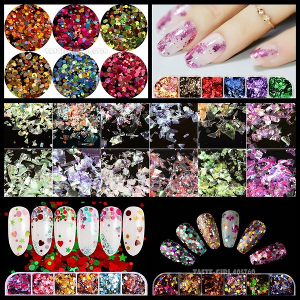 

12 grids/set combined glitter holographic mix shape sequins irregular powder dust mylar foil shell mix nail art decoration ct#, Silver;gold