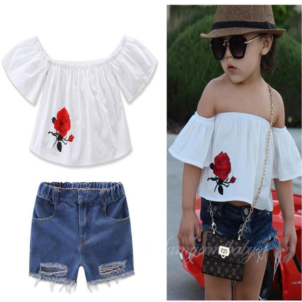 

children clothing summer 2020 european and american girls rose word shoulder trumpet sleeve + hole denim shorts two-piece, White