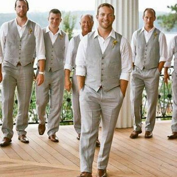 

grey linen vest men suits for wedding men wear groomsmen outfit 2piece waistcoat pants trajes de hombre casual terno masculino, Black;gray