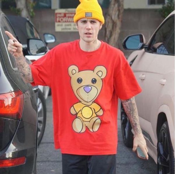 

20ss little bear printed t-shirt cute cartoon stripe tee casual high street short sleeves color matching men women summer tee, White;black