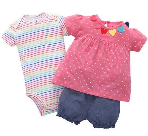 

summer baby girl clothes set short sleeve floral t shirt +bodysuit+shorts pink newborn outfit new born babies clothing suit, White