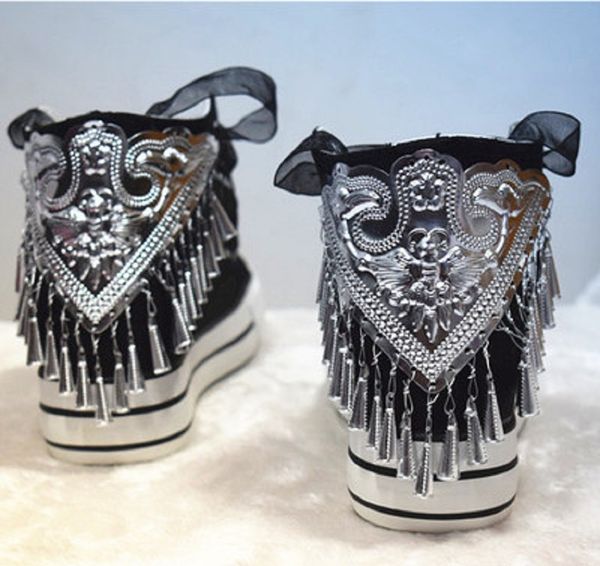 

2019 national wind chime high canvas women's shoes pure white harajuku handmade custom fashion small white shoes, Black