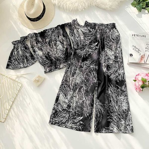

women's two piece pants summer women vintage printed chiffon suits womans slash neck + loose wide leg beach 2 pcs sets twinset, White