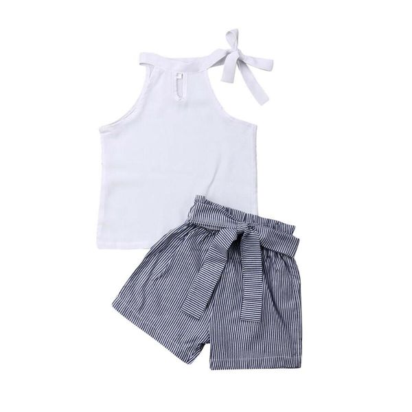 

toddler kids baby girl fashion clothes sets sleeveless white vest +striped bow shorts outfit 2-7y
