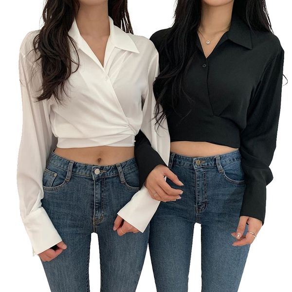 

2019 autumn casual turn-down collar button bandage bow full sleeve crop fashion black white slim shirts women t1735201