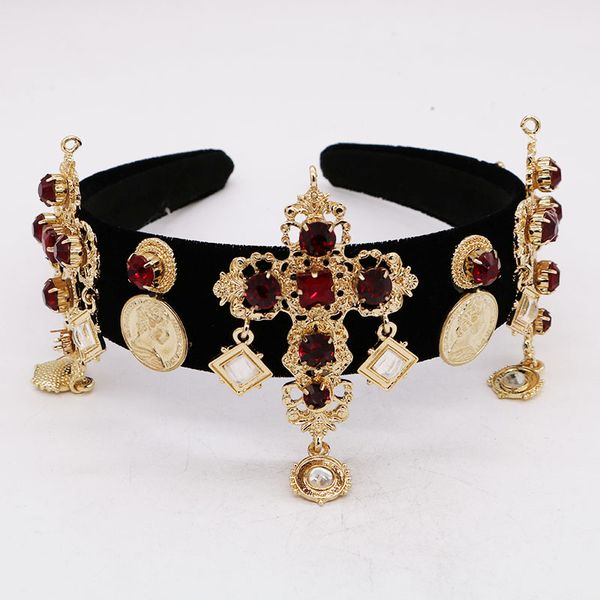 

baroque gold metal cross red crystal tiaras crown women birthday diadem headpiece wedding bridal retro hair jewelry accessories, Golden;white