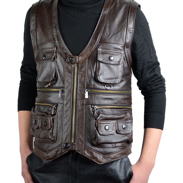

aboorun men's genuine leather vest cowhide leather vest multi pockets pgraphy outdoor waistcoat for male, Black;white