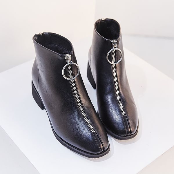 

1018-5 leather ladies boots winter black plus velvet thick warm women's shoes thick high heels ankle boots