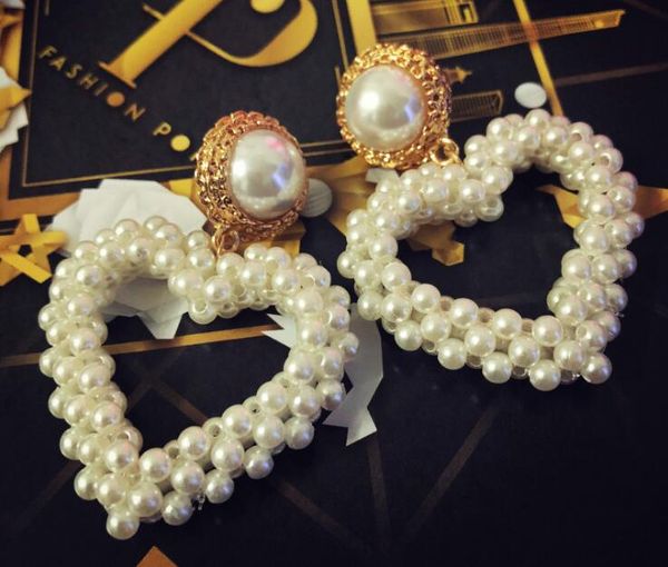 

luxury pearl heart dangle drop earrings hollow large earring 14k gold ear studs women girl wedding party jewelry gift, Golden;silver