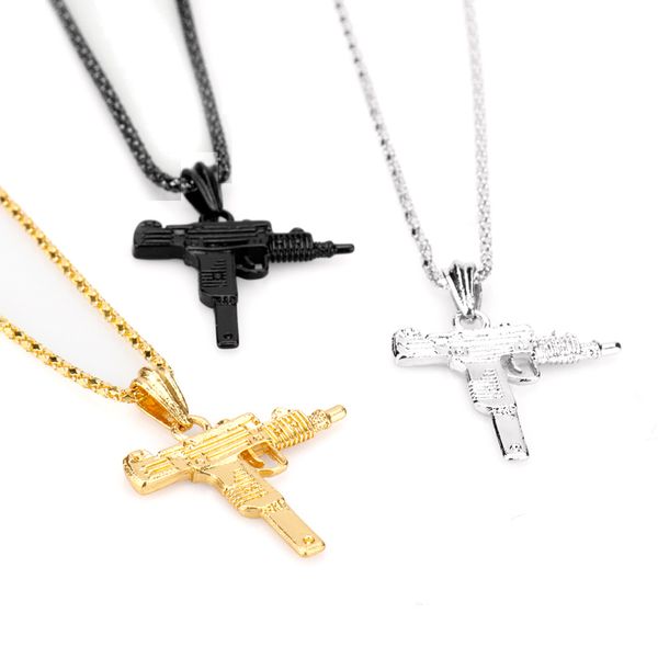 

hip hop jewelry uzi submachine gun necklace men women long chain pendants necklaces charms collier, Silver