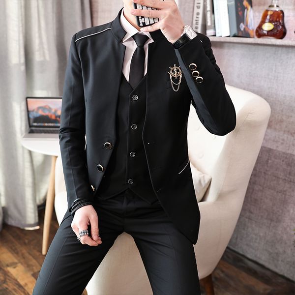 

spring autumn stand collar suit three-piece set suit korean slim fit business wedding casual men gentlemen groom dress, White;black