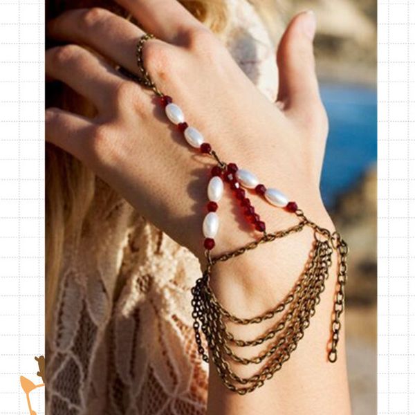

women's jewelry vintage pearl crystal beaded multi-layer tassel chain linked to women's bracelet, Golden;silver