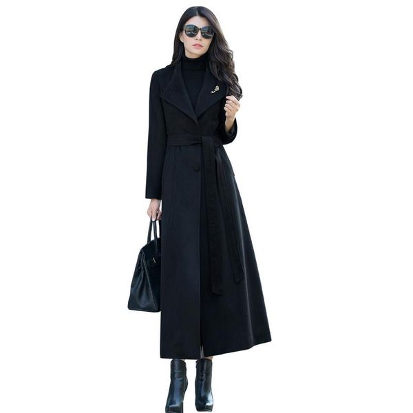 

women 2019 spring autumn wool blends coats female long sleeve turn-down collar jackets casual woolen outwear solid overcoat v593, Black