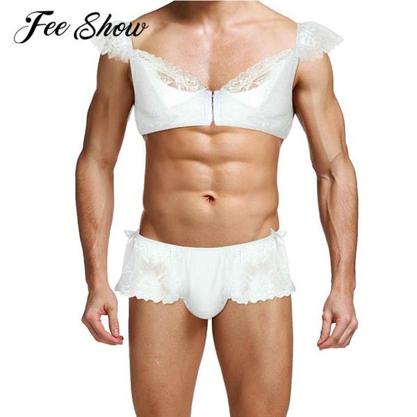 

2pcs gay mens soft lace sissy lingerie set underwear erotic apparel spaghetti strap cap sleeves bra with bikini briefs, Red;black