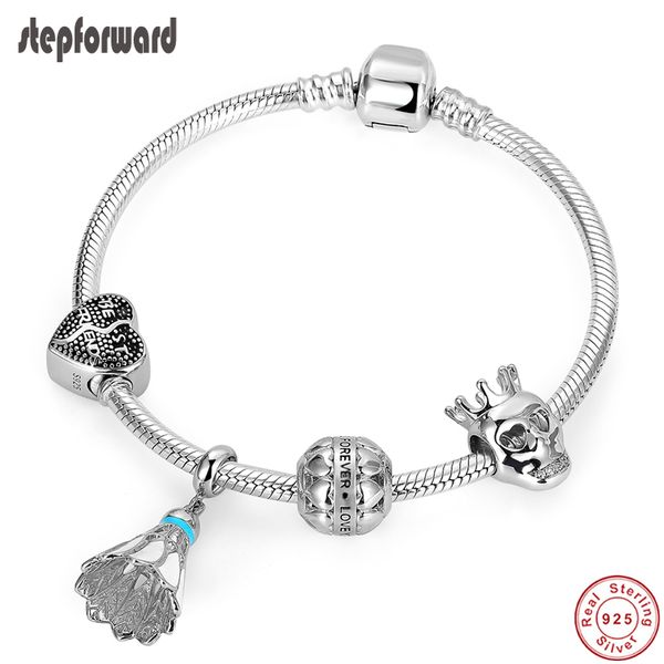 

step forward 100% 925 sterling silver skull king badminton forever friend love charm bracelet & bangle fashion jewelry wlb019, Black