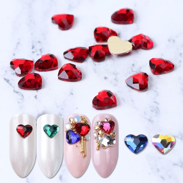 

10pcs flatback colorful heart nail rhinestones for nails art decorations crystal glass stone manicure 3d shiny strass gem ji991, Silver;gold