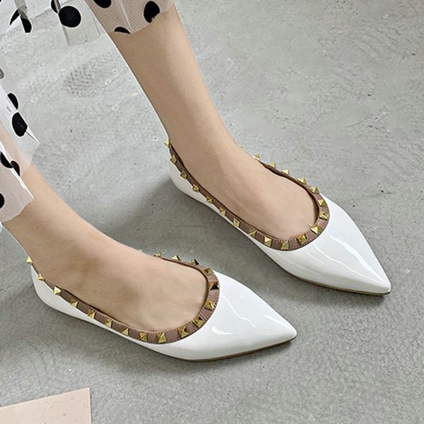 

nice women classic rivet flats summer pu leather pointed toes shoes woman flat heels office lady formal soft loafers, Black