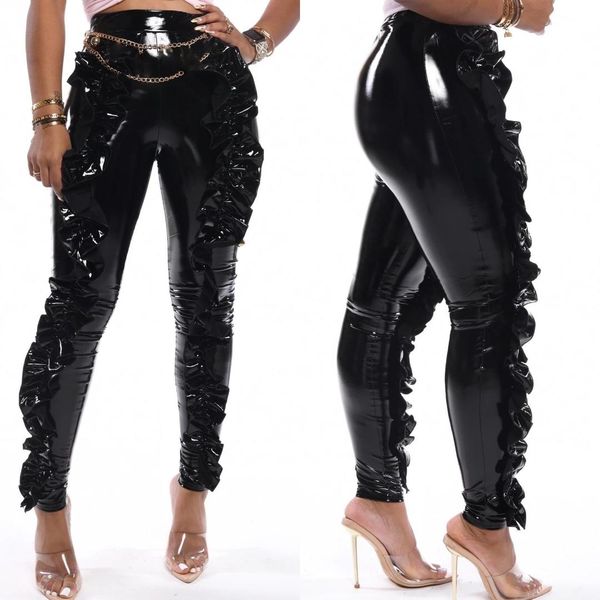 

ruffle pu leather pants women red pleated club pants skinny high waist elastic pencil casual trousers, Black;white