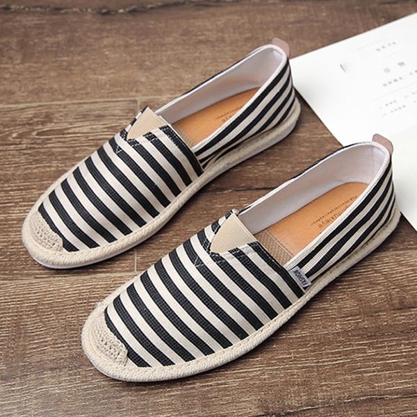 

upuper fashion stripe men's canvas shoes sweat-absorbent breathable linen casual fisherman shoes men old beijing cloth, Black