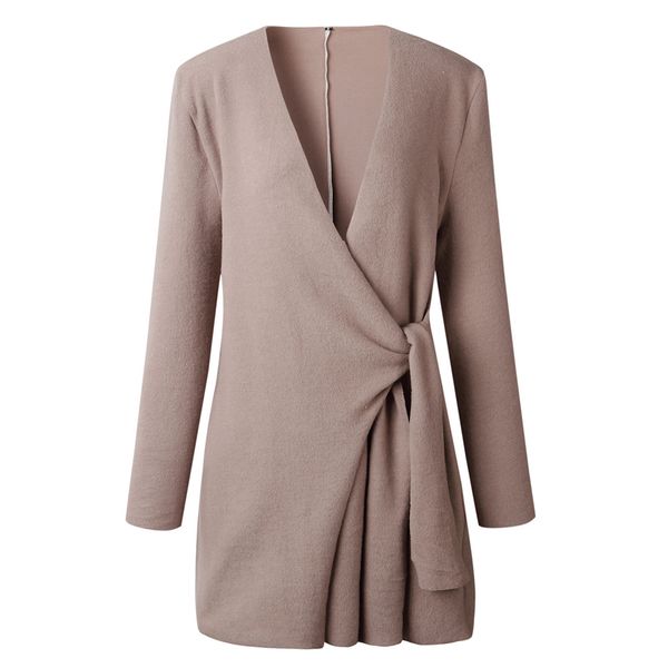 

v neck woolen lace up office jackets waist tie cardigan long sleeve, Black;brown