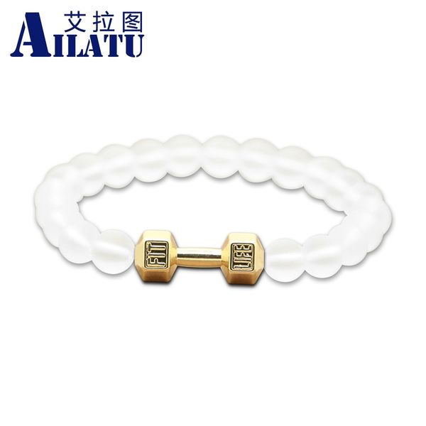 

ailatu new trendy gym barbell jewelry wholesale 8mm white matte glass beads alloy metal dumbbell bracelets choice, Golden;silver