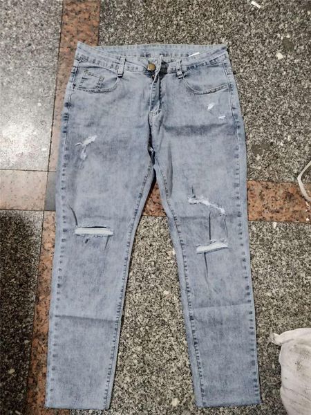 

light blue mens jeans fashion ripped mens capris stretch mens long pants male apparel holes skinny