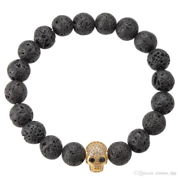 

высокого качество лавы рок бисер браслет цепи черные природный камень энергия с золотым черепом скелет очарования браслетом для женщин мужчи, Black
