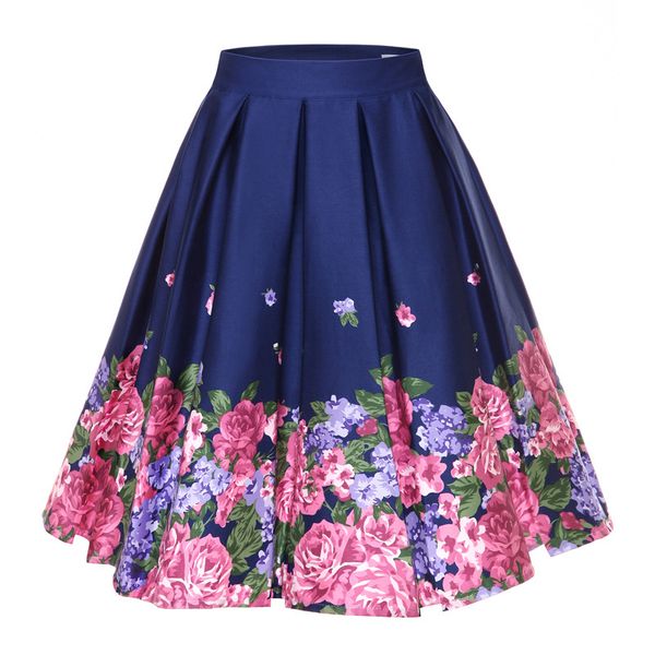 

retro floral print vintage pleated skirts womens high waist plus size midi cotton summer 4xl swing skirt, Black