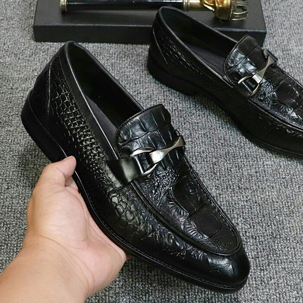 

new fashion men formal business brogue shoes luxury mens crocodile dress shoes male casual genuineleather wedding party loafers original qwd, Black
