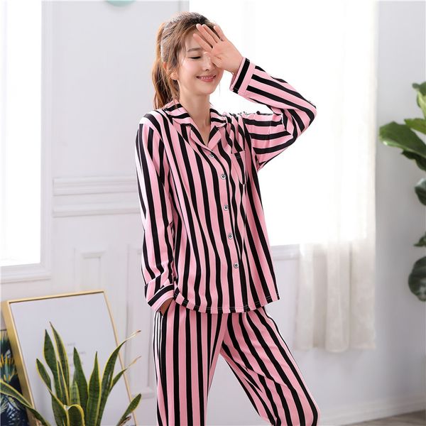 

ms long-sleeved striped pajamas in the spring, Blue;gray