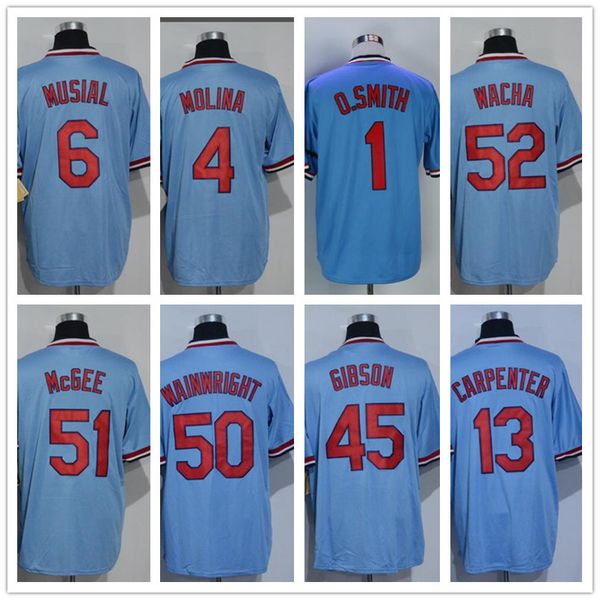 

2018 men's st. louis 1 smith 4 molina 6 musial 13 carpenter 45 gibson 51 mcgee 52 wacha 50 wainwright blue baseball jerseys, Blue;black