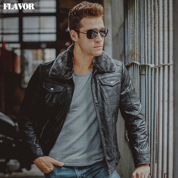

3 colors men's real leather jacket fur collar genuine leather pigskin motorcycle jackets winter warm coat men, Black