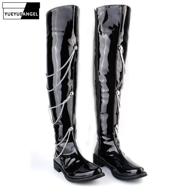 

2019 new rock punk style stage pu leather chain long boots men fashion black over-the-knee motorcycle boots pointed toe shoes