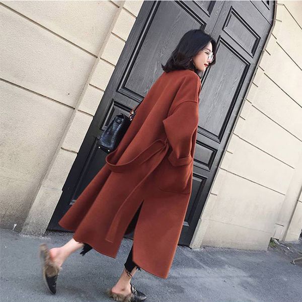 

winter autumn coat women 2019 leisure belt long woolen jackets work office lady long sleeve outerwear abrigos mujer invierno, Black