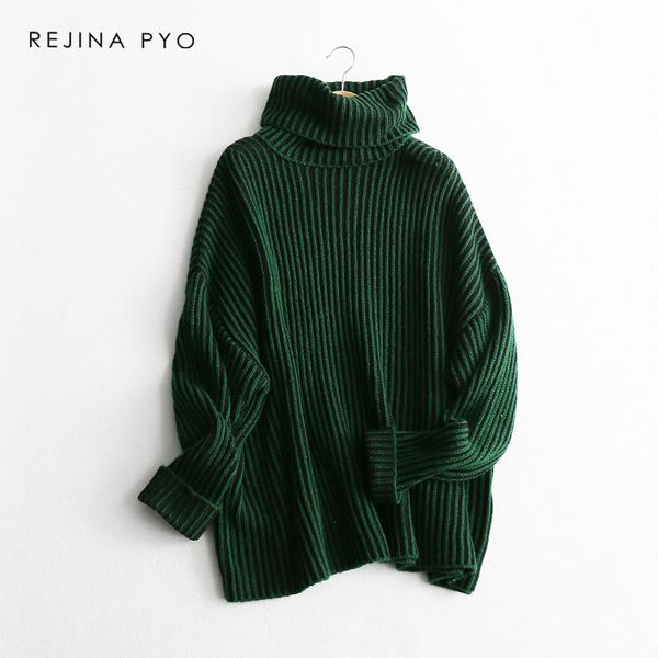 

rejinapyo women chic contrast color striped solid knitted sweater pullovers turtleneck 2019 spring new arrival, White;black