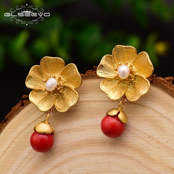 

glseevo natural red chalcedony 925s silver dangle earrings for women fresh water pearl earring fine jewelry brinco ge0041, Golden;silver