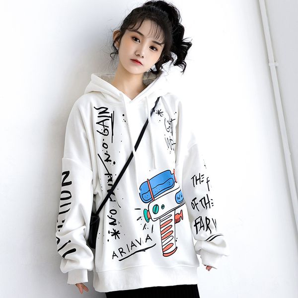 

ewq] 2020 весна новых полного рукава пуловеры knit толстой теплая негабаритная дамы толстовка корейского граффити печать дорожка одежда, Black