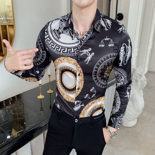 

french high street luxury men's formal designer shirt fashion harajuku casual medusa black gold tiger leopard fancy slim shirt, White;black