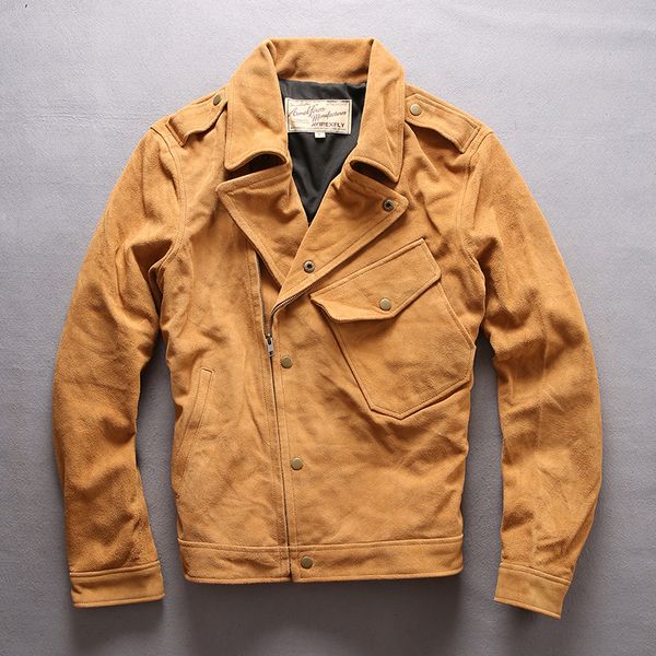 

men's leather & faux turn-down men 2021 collar genuine motorcycle jacket casual cow suede vintage slim fit real coat, Black