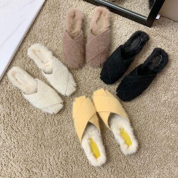 

2019 pantuflas femme winter closed toe furry home slippers solid cross band flats ladies shoes korean warm fur flip flops mules, Black