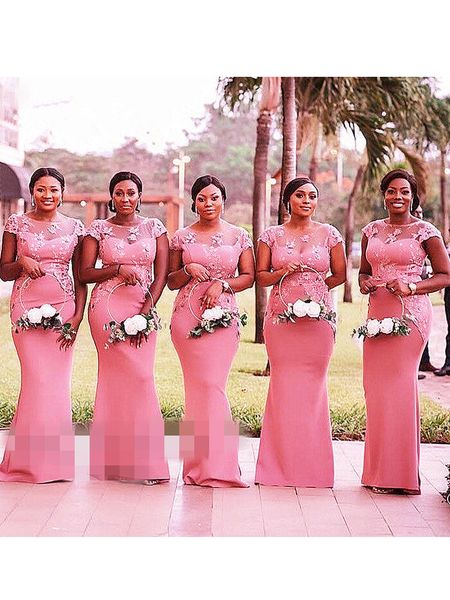 

pink mermaid bridesmaid dresses o-neck lace applique elegant wedding guest dress long plus size vestido madrinha, White;pink