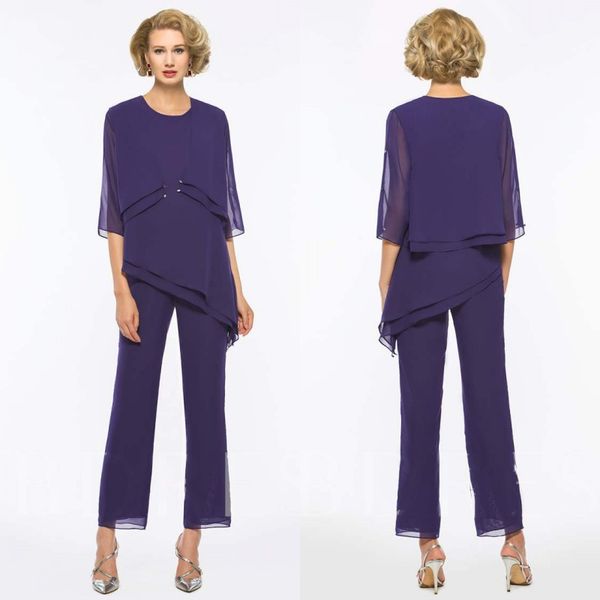 

plus size chic mother of the bride pant suit 3 piece chiffon beach wedding guest dress long sleeves mothers formal gown, Black;red