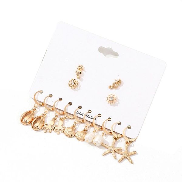 

summer metal shell conch starfish pendant drop hoop earrings set beach jewelry, Golden;silver