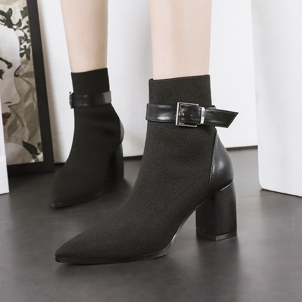 

2020 spring new high-heeled boots women's fashion simple solid color knitted stitching decorative thick heel casual boots, Black